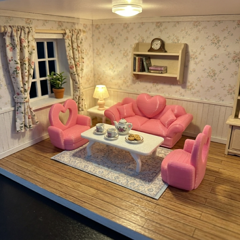 3pcs Dollhouse Set: Heart-Back Double Sofa & Two Chairs
