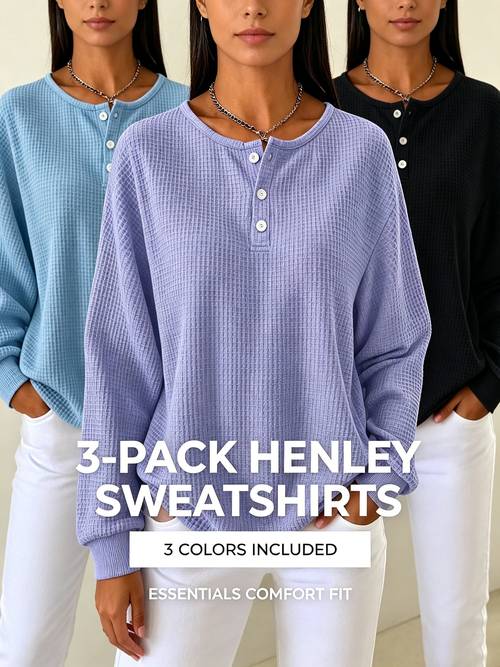 item picture womens 3pcs casual solid color waffle crewneck sweatshirt a and versatile staple suitable lightweight and easy to style casual attire