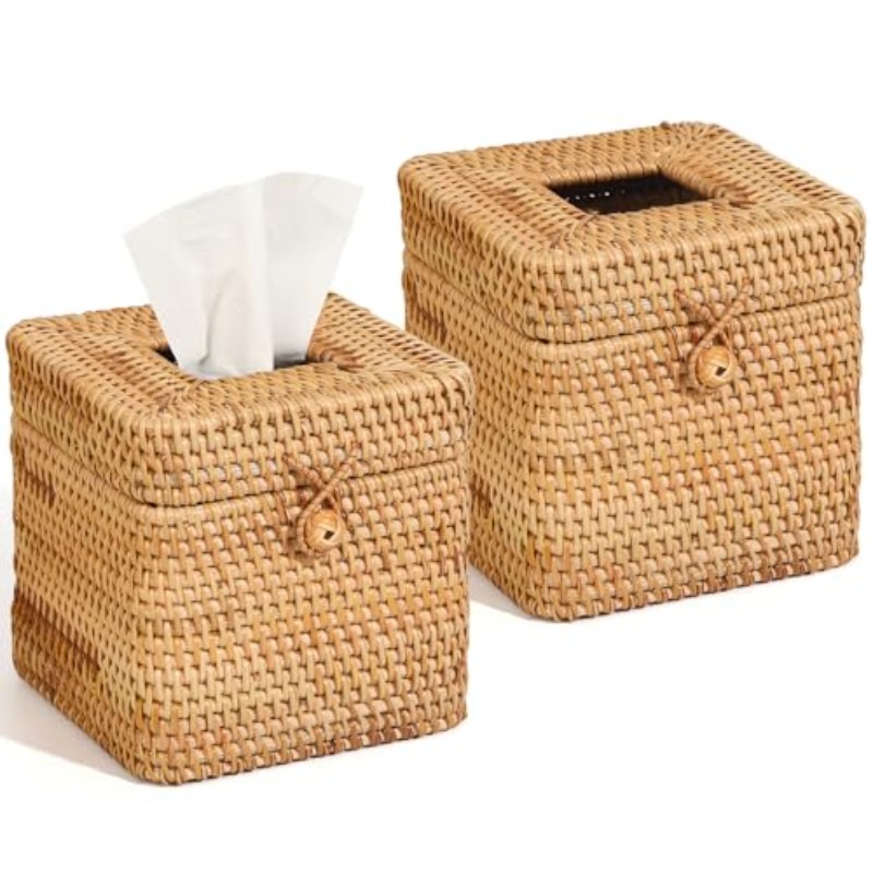 2pcs tissue box cover 5. 7 x 5. 7 x 5. 7 square tissue box cover decorative woven facial tissue holder with hinged top lid for home   desk living room dec, tissue box with storage, tissue box holder vintage, tissue box holder, home decor accessory, desk organizer, rustic home decor, elegant tissue case, handcrafted holder, durable woven material, decorative storage, woven tissue case, tissue box cover cube, cute tissue box holder,  ce decor and accessorie, tissue holder box Product details 0