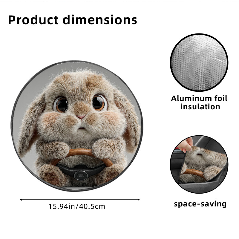 TEMU 1 stuks Schattige Pluche Konijn Stijl Bedrukte Stuurwiel Zonnescherm Cover, Houdt de Auto Koel en Beschermd, Warmte-isolatie, Zonnescherm,