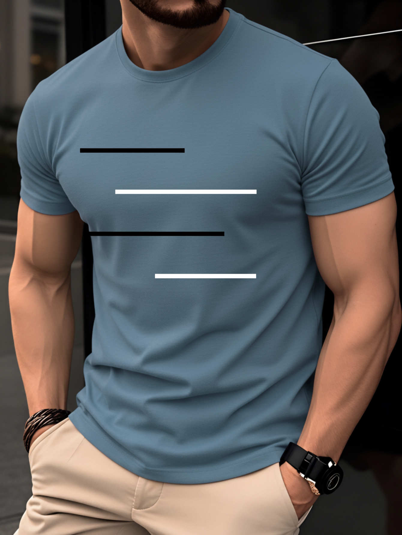 100 cotton mens t shirt summer short sleeve   trendy   fit versatile casual daily   black and white line minimalist geometric   details 2