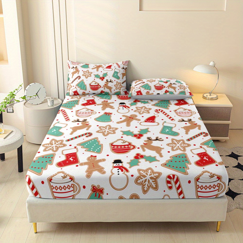 TEMU 3pcs Christmas Gift Printed Fitted Sheet Set, Queen Mattress Protector, Double Bed Mattress Protector, King Bedding Set, Polyester Machine