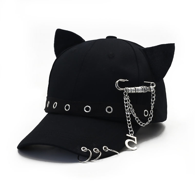 TEMU Adjustable Cat-ear Baseball With Chain Pendant - Breathable Suitable For Streetwear, Cute Ear & Bead Accent Hat, Black For,, Everyday Outfits -