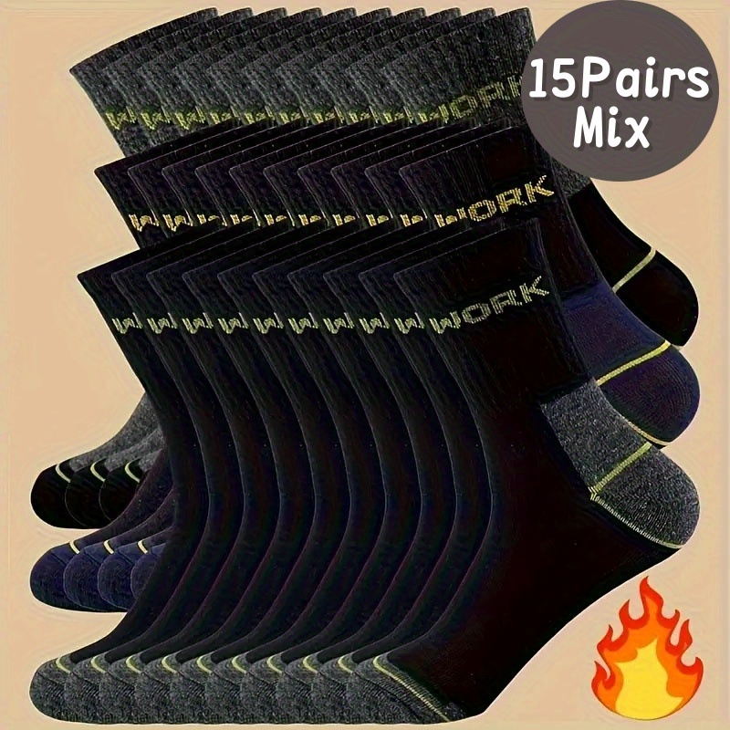 Image of 15 Pairs Of Men's Autumn Winter Knitted Socks - Moisture Absorbing And Odor Proof, Warm Boat Socks, Work Letter Print, Suitable For Outdoor Sports And Business Leisure, Christmas Gift Ideas