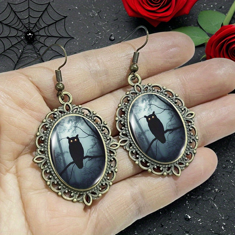 Owl Forest Mist Patterned Oval Glass Vintage Lace Earrings