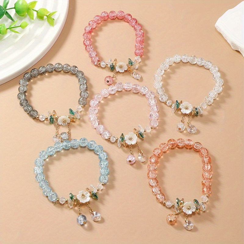 TEMU 6pcs Colored Camellia Artificial Crystal Bead Bracelet Flower Bead Glass Bead Bracelet Valentine's Day Bracelet Armband Women's Jewelry Gift