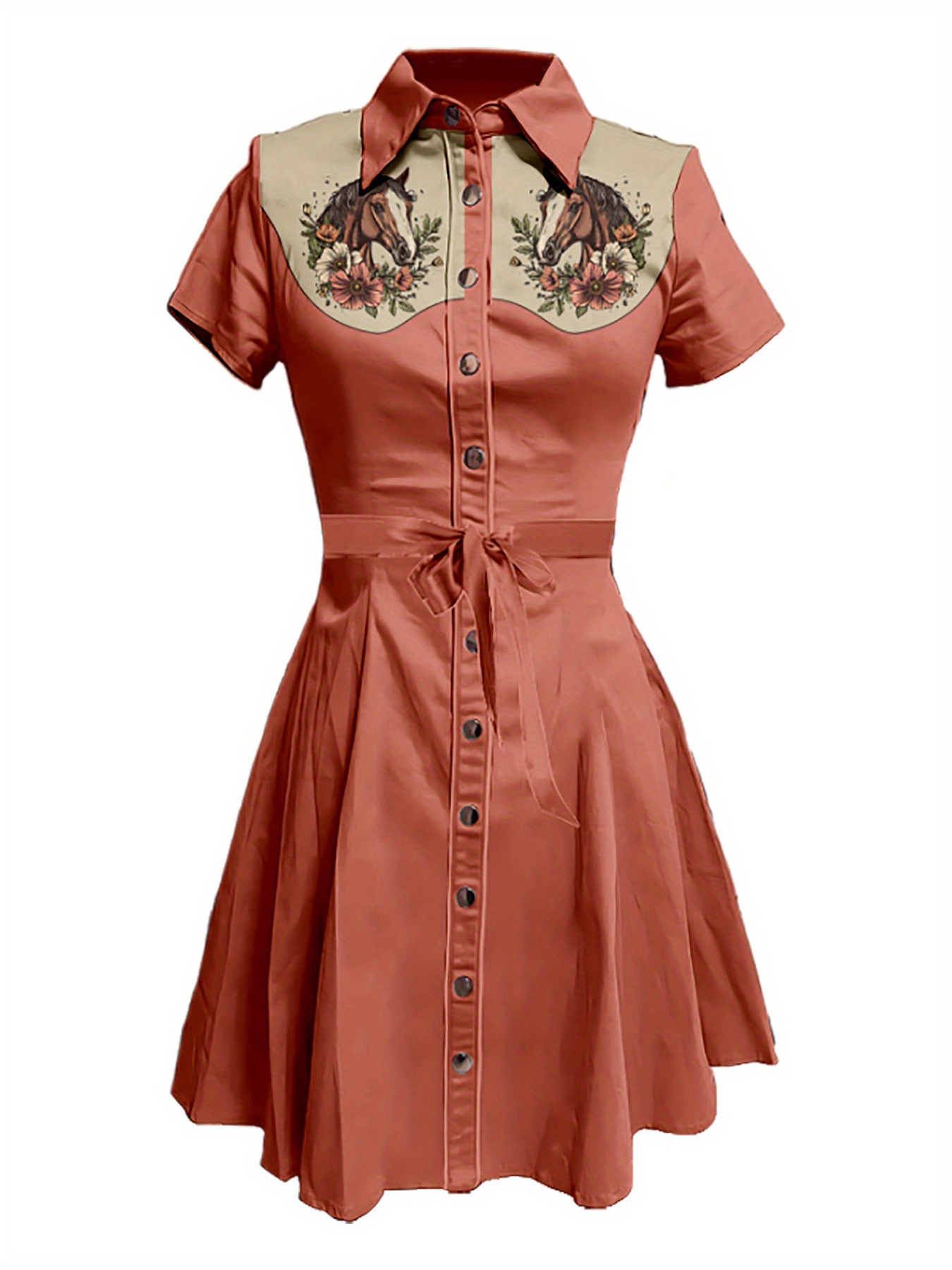 Free Gown Styles For Materials Women's Vintage Western Dress Pink Floral  Print A-line Midi Dress With Collared Short Sleeve, Waist Tie Belt Button  Front, Retro Casual Fit For Spring Summer Fall, Retro ...