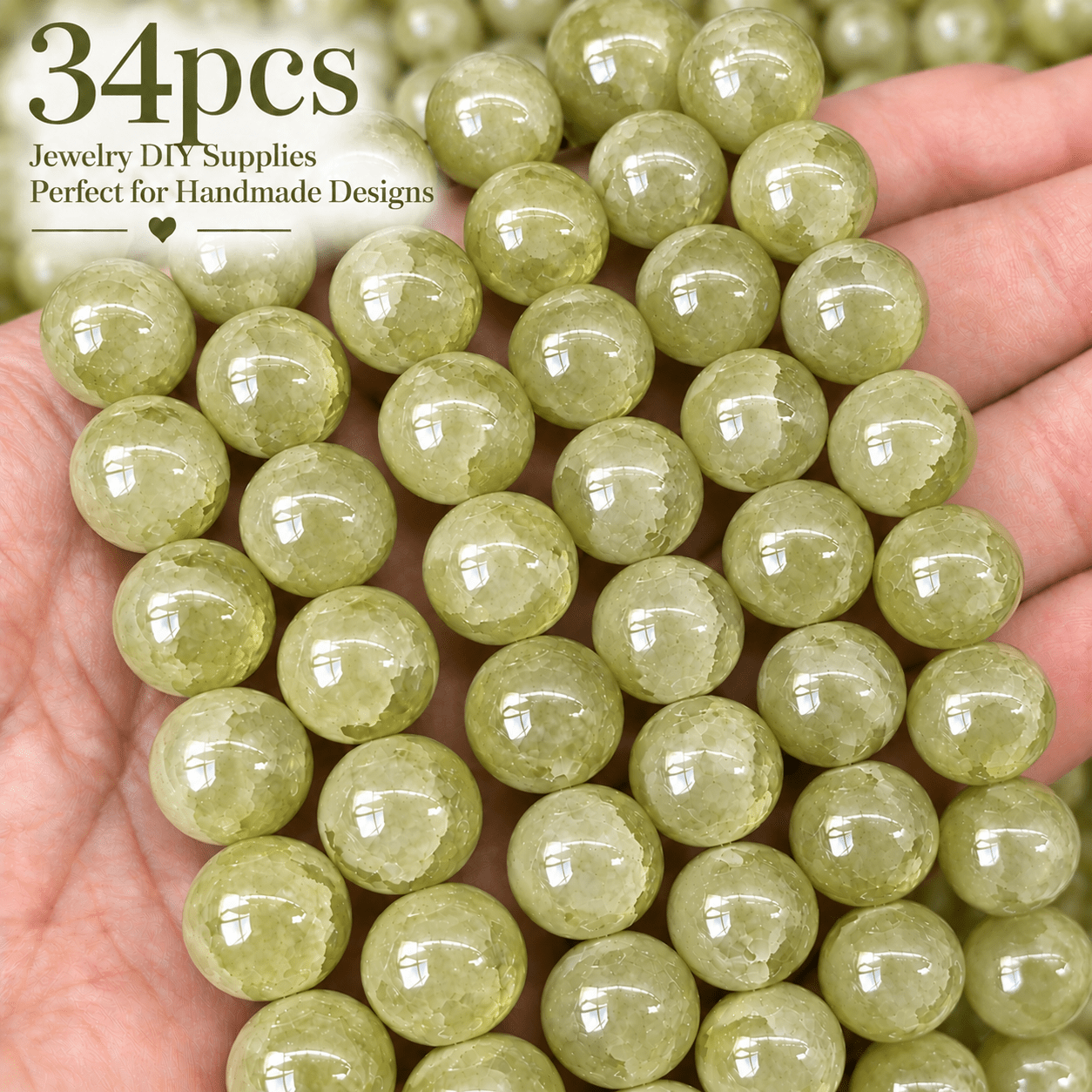 TEMU 34pcs Ice Crackle Olive Green Round Hole Beads 10mm, Decorative Beads For Handmade Design Diy Materials, Decorative Supplies, Suitable For