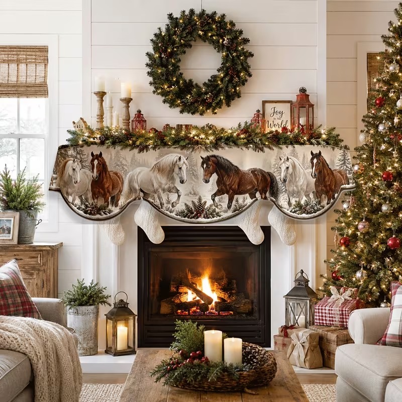 TEMU 1pc Christmas Fireplace Mantel Scarf Suitable For Fireplace & Window Door Decor, Winter Horse With Scene, Flat Print Horse-themed Decoration For