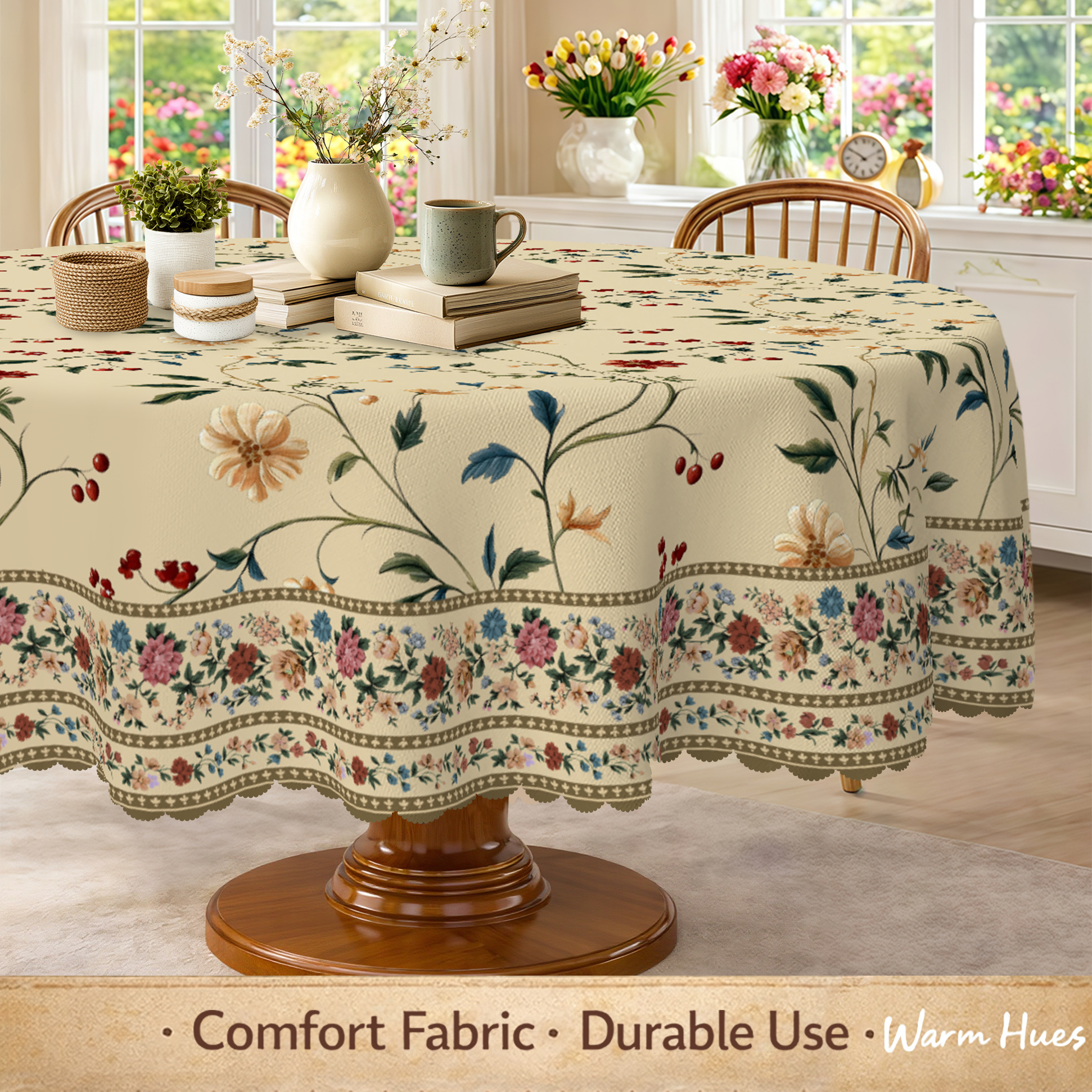 TEMU 1pc, Vintage Floral Tablecloth, And Berry Pattern With Botanical Leaves, Garden Flower Border Design, Warm Beige Background, Multicolor Print,