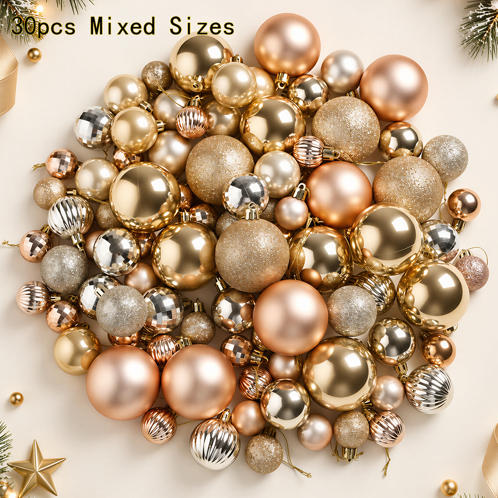 TEMU Lot de 30 boules de Noël, tailles mélangées 3/4/6 cm, assortiment de boules brillantes, à paillettes, et côtelées pour sapin de Noël, couronne,