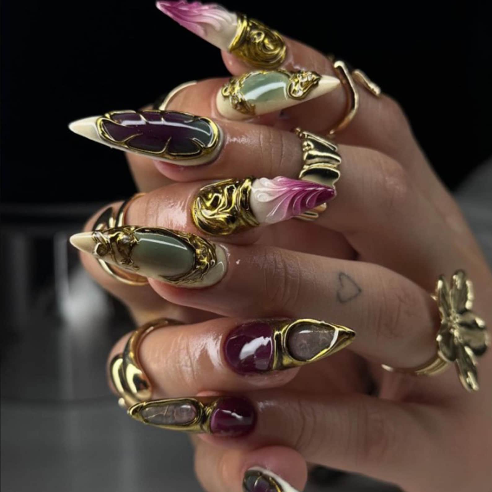 Image of Handmade Nails Press On, Hard And Durable Nail Art, Handmade Luxury Gemstone Press On Nails | Golden Metal, Stones & | Stiletto Nails For Elegant Sophisticated Vibes Summer Nail Art/ Applicable To 899