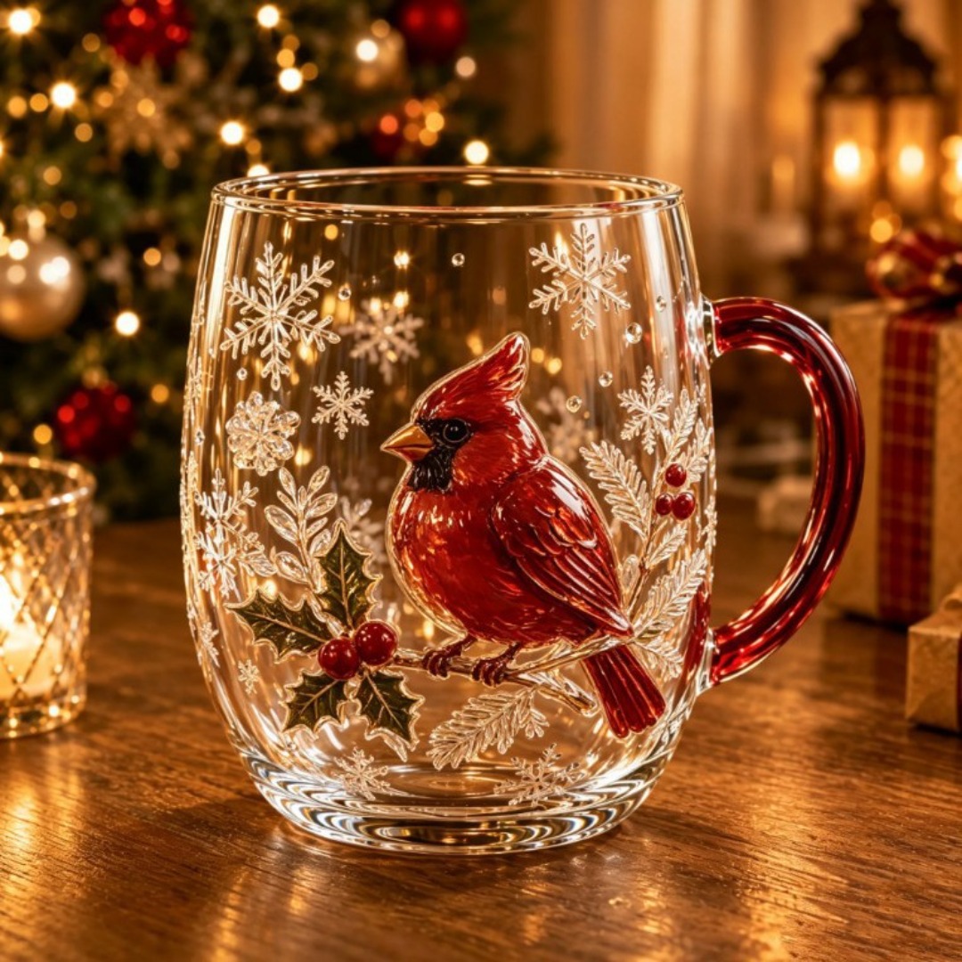 TEMU 1pc Christmas Art Glass Cup, With Handle, Vintage Winter , Snowflake Ivy Berry Pattern Glass Cup, Innovative Christmas New Year Gift
