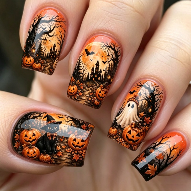 TEMU 48pcs Orange Black Gradient Witch Black Cat Pumpkin Bat Haunted Castle Tree Maple Leaf Medium Square Fall Halloween Press On Nails, Warm Orange
