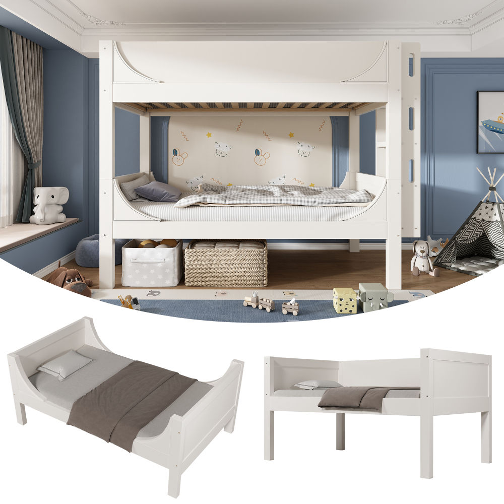 TEMU Modern White Bunk Bed With Ladder, Wardrobe & Drawers - Space- Twin/full Size (90x200/140x200cm) Heavy-duty Slatted Frame, Safety - Ideal