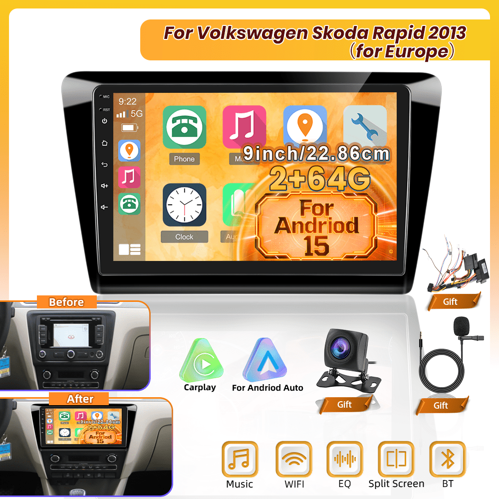 Image of 15 (2g+64g) Car Radio For Rapid 2013 (for Europe), 9 Inch Touchscreen, Features Integrated /, Eq/fm/rds Radio, Wireless 5.0, Wifi Download, Swc, And Reversing Input, Without Battery