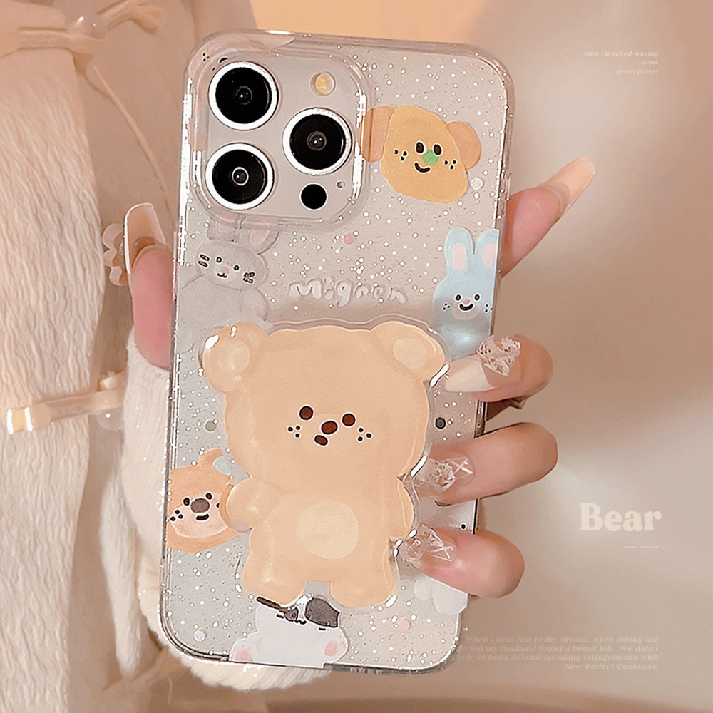 Glitter Oil Painting Plush Teddy Bear Phone Case Stand Compatible with  Iphone 16/15/14/13/12/11 Series