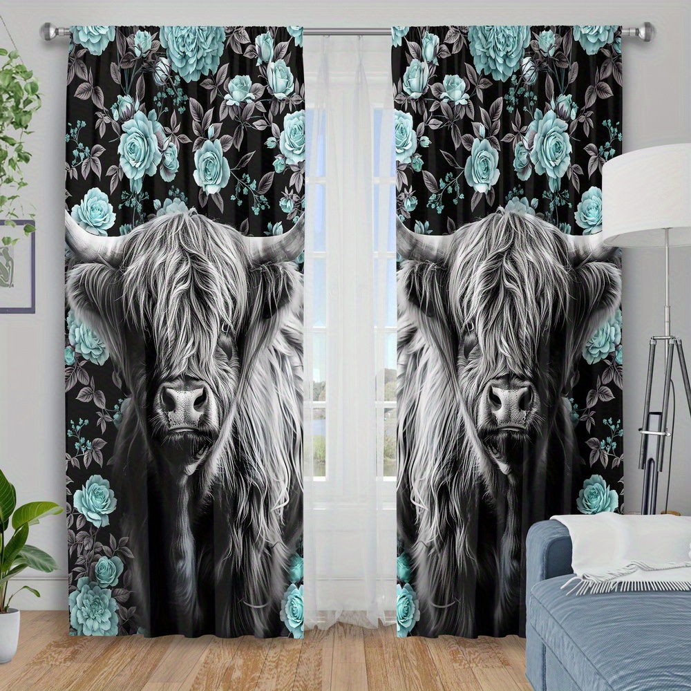 TEMU 2pcs Curtain Fabrics, Insulation Blackout Curtains For Bedroom, Flower Yak Print, Cartoon Animal Window Products, Polyester Machine Washable,