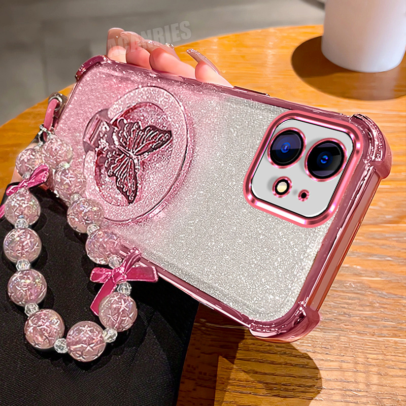 TEMU Phone Case - Luxury Glitter Stand For Iphone 12, Featuring A Folding Holder, Bead Lanyard Wrist Strap, Chain, And A Gradient Plated Soft
