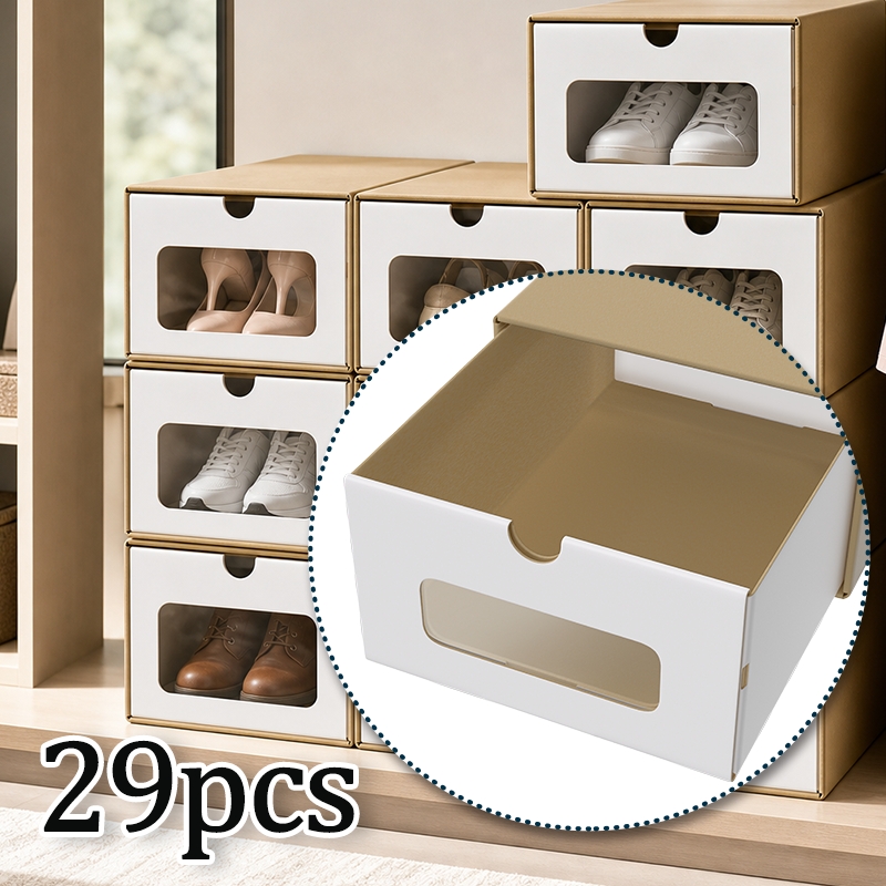 Image of Shoe Box Shoe Rack 29pcs Plastic Storage Box, Clear Shoes, Card Slot Prevents Sliding, Stackable Space , Brown/white/, For Home Entryway Dorm