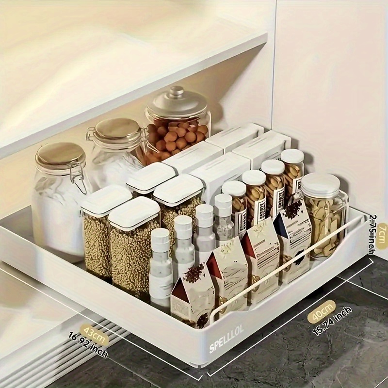 TEMU 1pc Pull Out Organizer, Multi- Functional Organizer, Fixed With Adhesive , Easy To Store And Clean Built- In Drawer Design Storage Holder, For