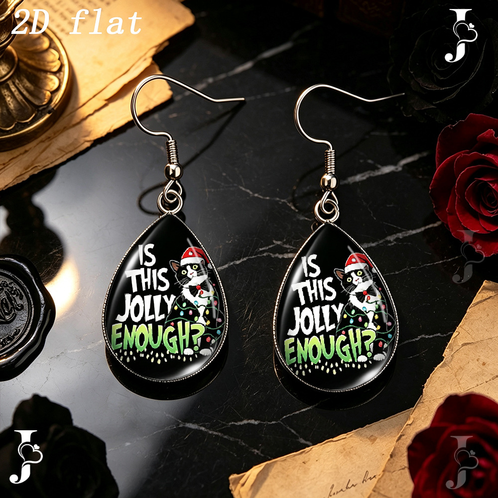 Teardrop-Shaped Glass Dangle Earrings with Christmas Cat Pattern