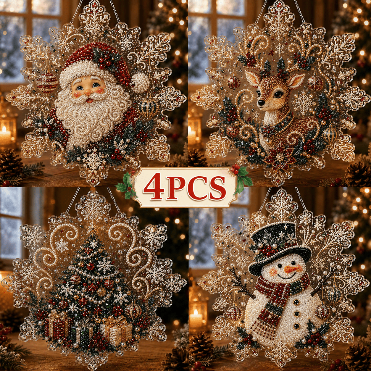 TEMU 2d Flat, 4pcs Christmas Pearl Diamond Painting Suncatcher Kit, Acrylic Snowflake Ornaments With Pre-assembled Metal Chains, Lace Edge &