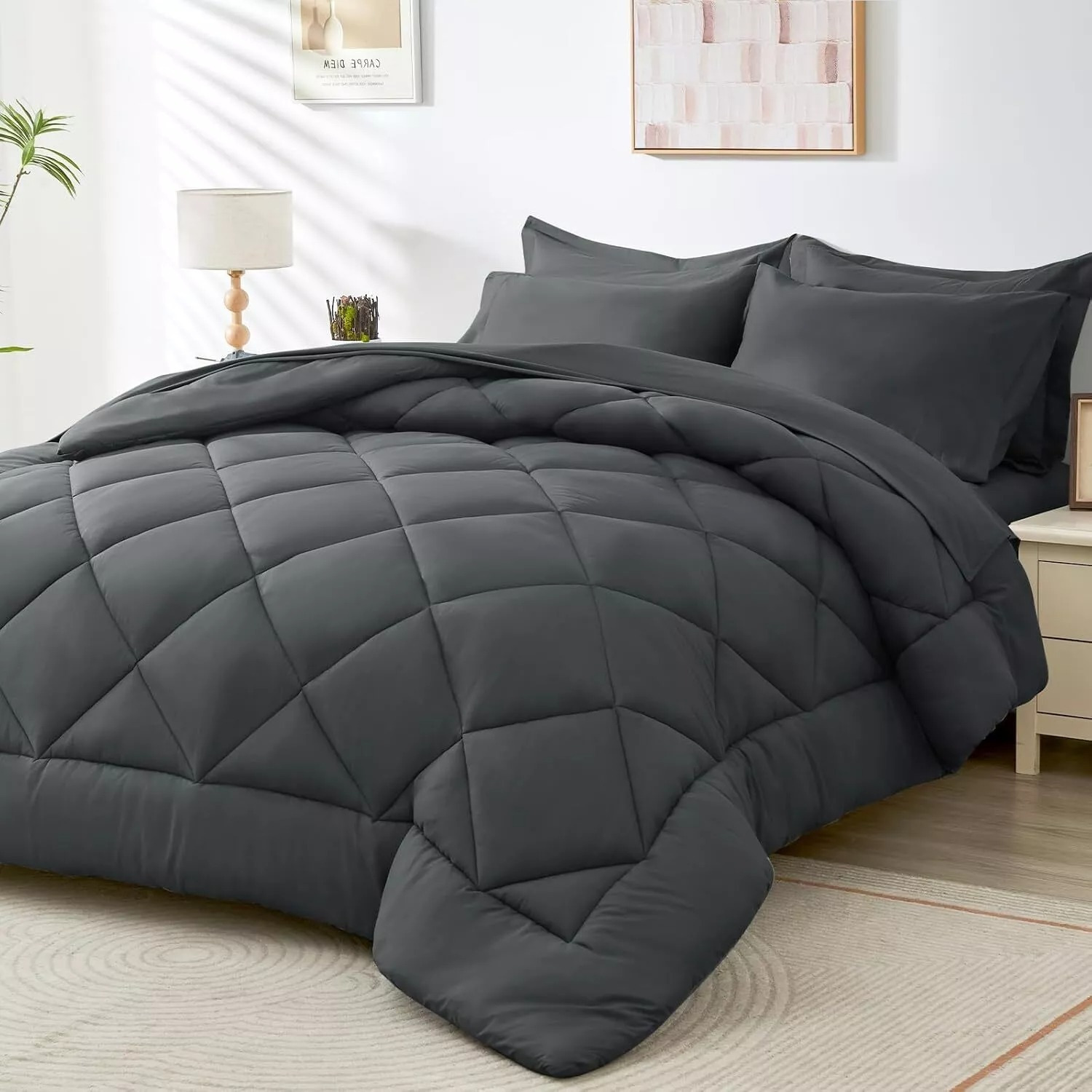 TEMU King Size 7pcs Luxurious Comforter Set - Fluffy Fiber Filling - Breathable Comforter With For All , Quilted Comforter, Flat Sheet, Fitted Sheet,
