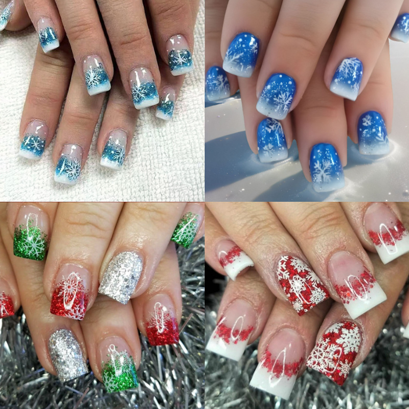 

4pcs Sparkling Gradient Press-on Nails Set - Short Square, With Designs For Holiday Manicure