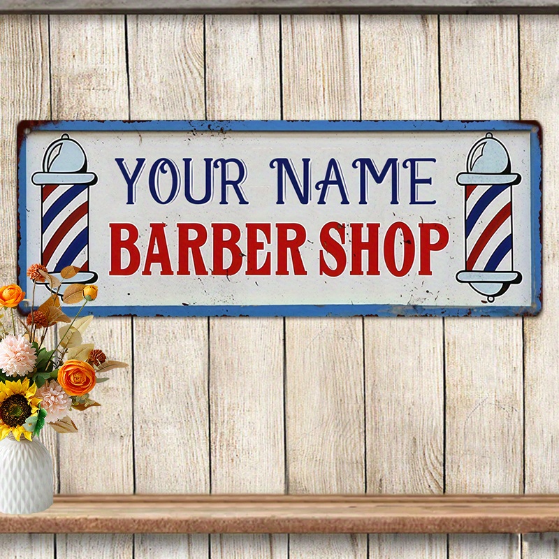 TEMU 1pc Custom Vintage Aluminum Barber Shop Sign - Retro Wall Art With Personalized Name & Classic Barbershop Pole Design, Durable Aluminum Wall