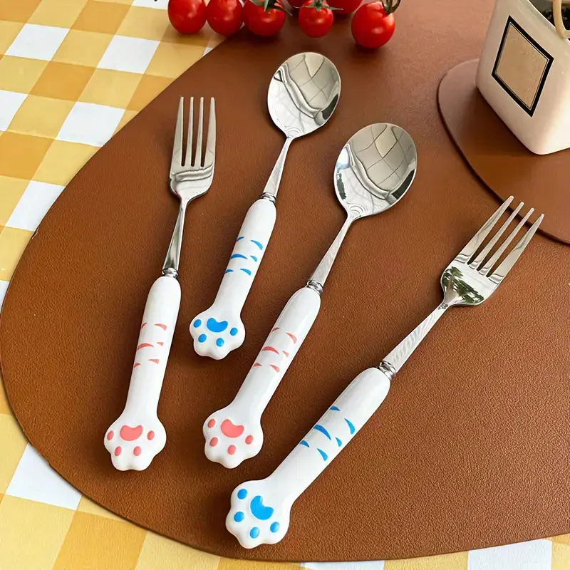 2pcs stainless steel outdoor cutlery set with cute cat paw design - heavy-duty reusable , portable camping, picnic, travel utensils with ergonomic handle & paw-shaped storage case, hygienic & durable and adults, ideal for camping, travel, everyday use - light paw print, polished , compact & lightweight for , outdoors, camping accessories, cutlery camping, camping accessories and equipment, picnic accessories Product details 6