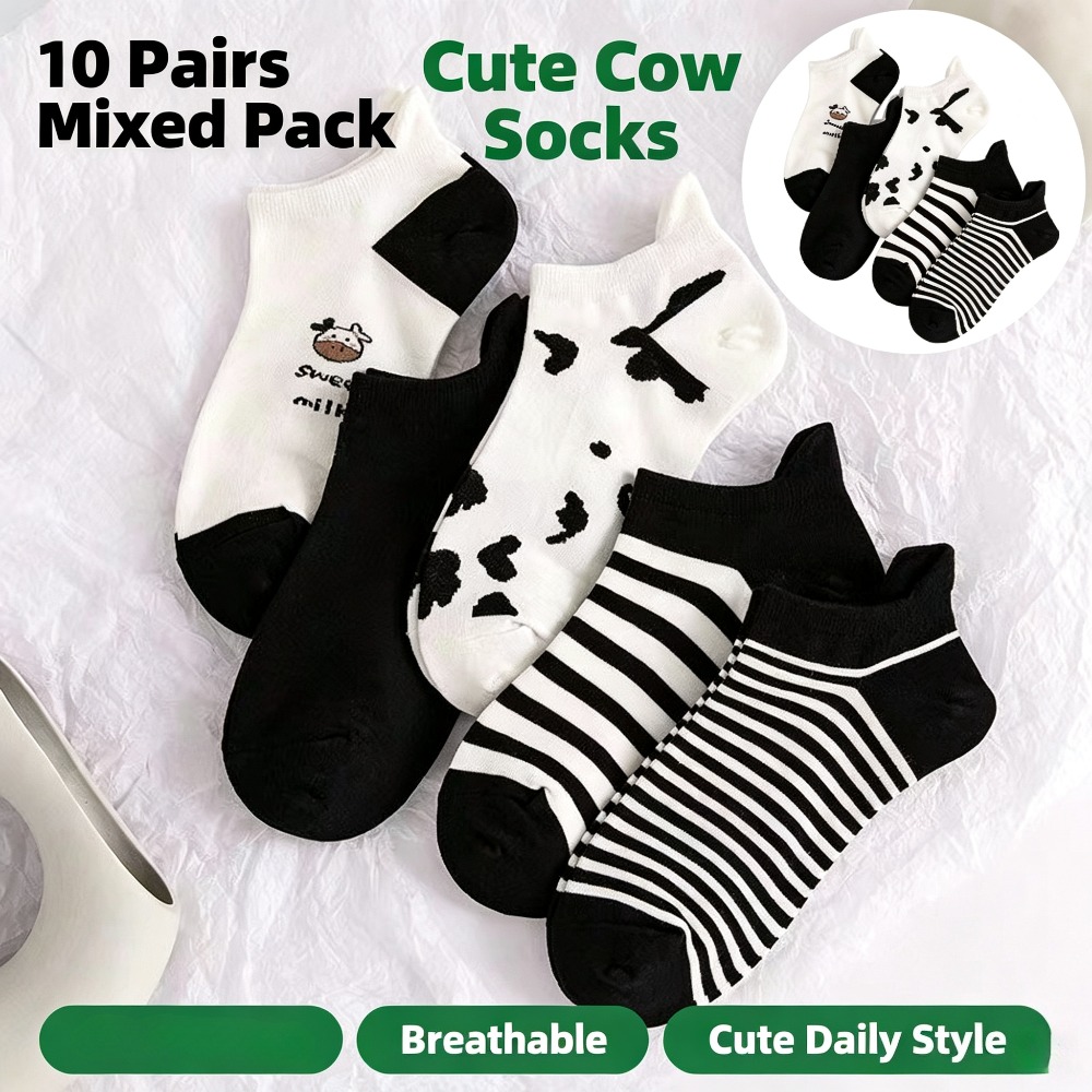 TEMU 10 Pairs Cute Cow Print Ankle Socks, Cartoon Low Cut Socks, Black White Striped And Spotted Casual Short Socks For Women Daily Wear