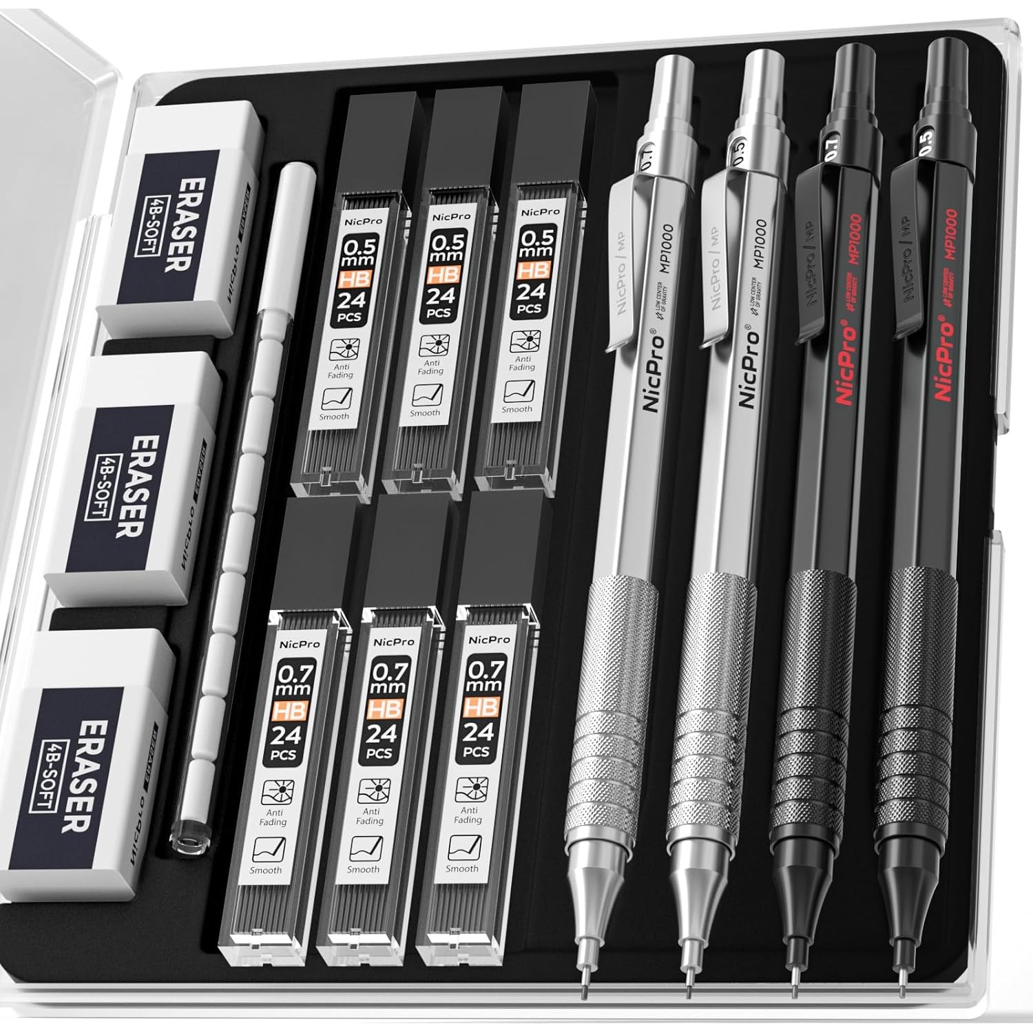 Image of 4pcs Metal Mechanical Pencils Set 0.5mm And 0.7mm Mp1000 For Artist Pencils With Case 4 Tubes Hb 2b Lead Refills 3 Erasers 9 Eraser Refills For Art Writing Drawing Black Silvery