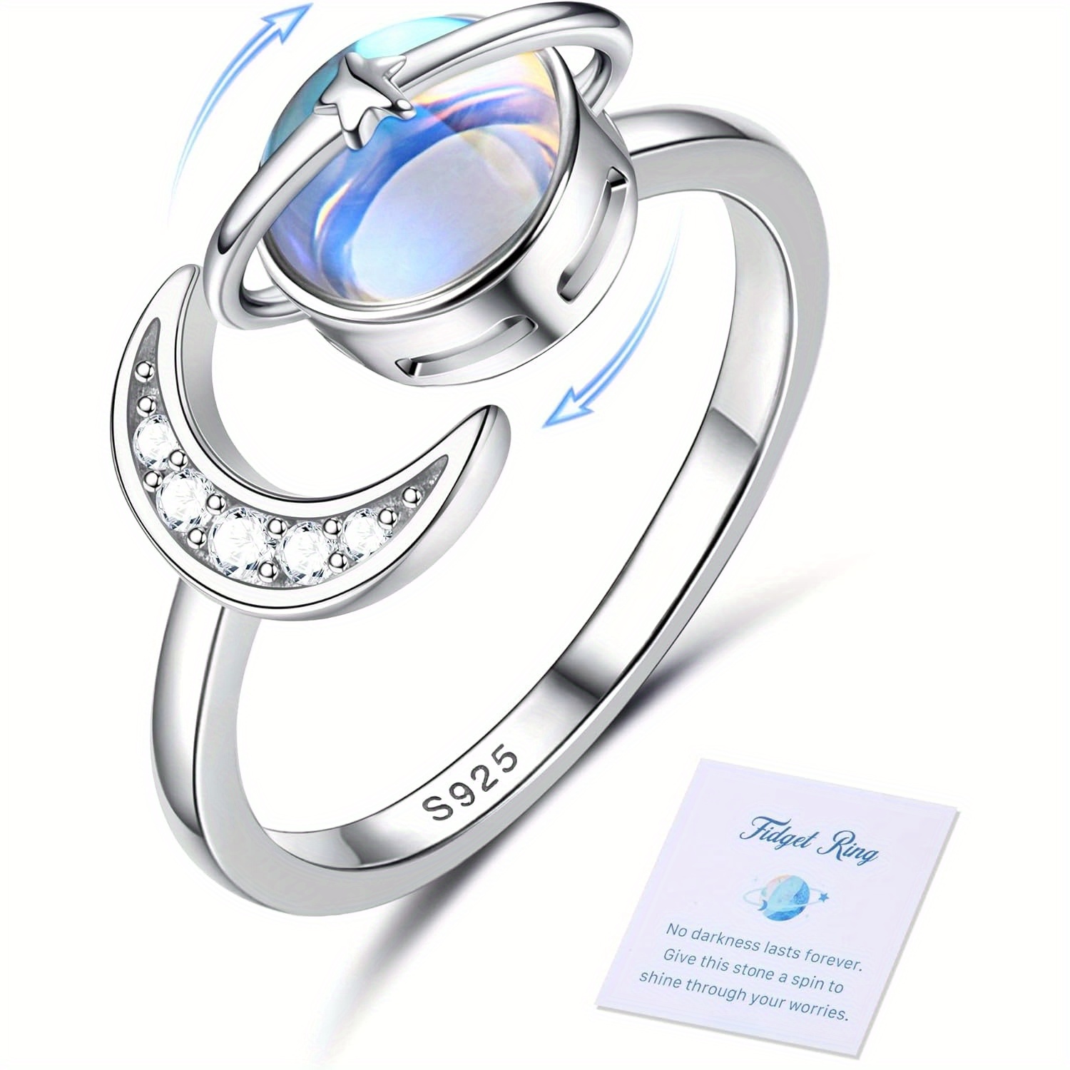 Women's Ring - 925 Silver, Platinum Plated Open Adjustable Fidget Ring For - Star Moon Finger Spinner For Anxiety