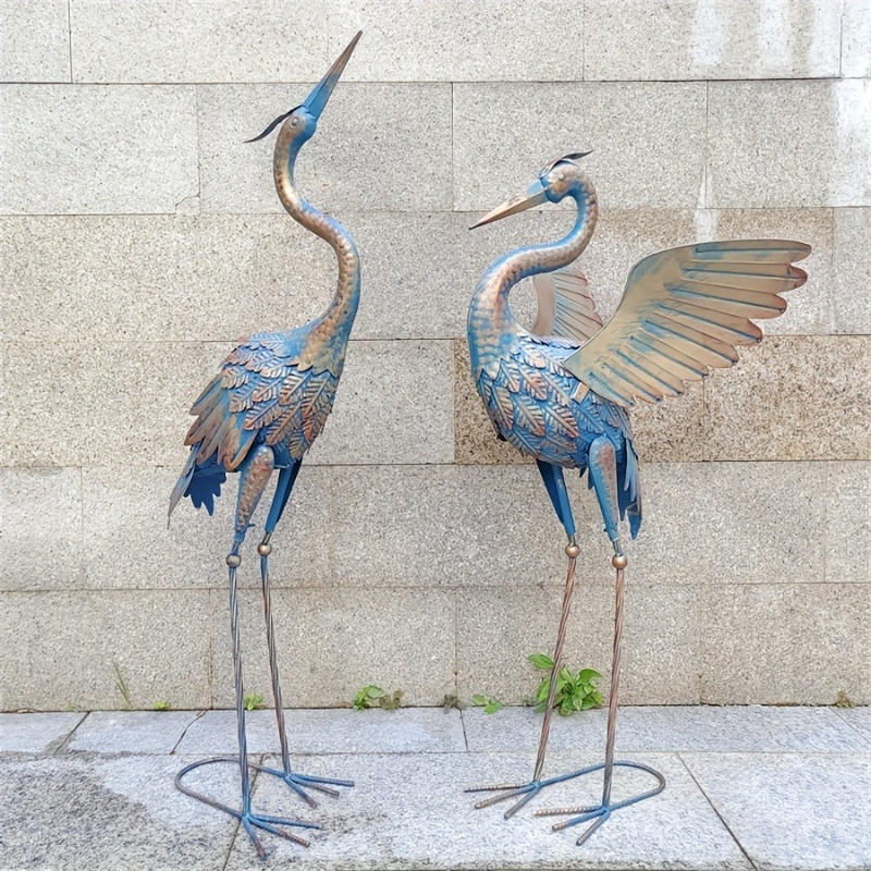 Image of 2pcs Bronze Crane Statues | Pair Of 2 Freestanding Wrought Iron Crafts For Outdoor Home And Garden Decoration, , Floor Mount