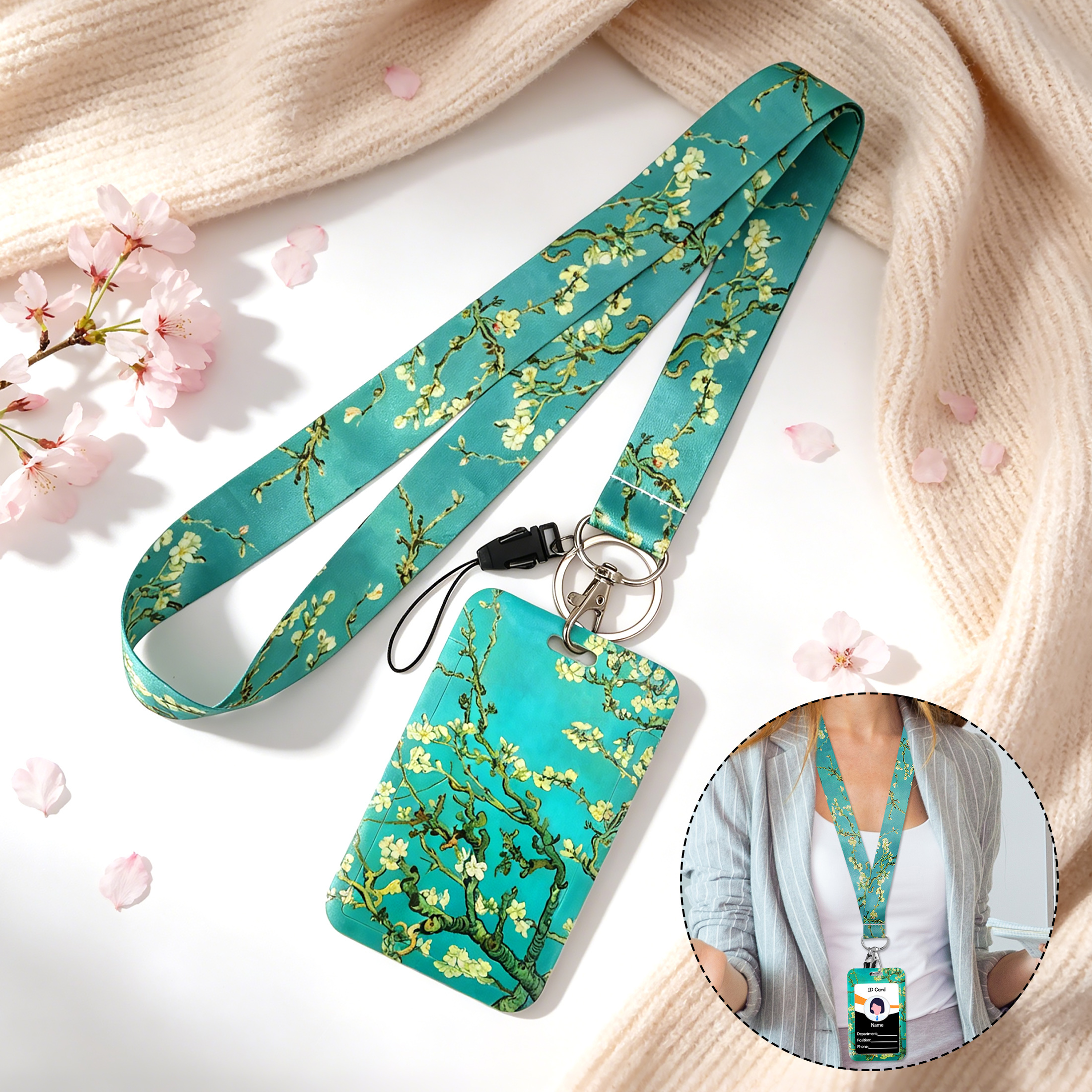 TEMU 2d 1pc Van Gogh Almond Print Teacher Lanyard With Card Holder, Neck Strap Id Badge Holder Lanyard, Keychain Lanyard For Bus Card, Keys, Phone,