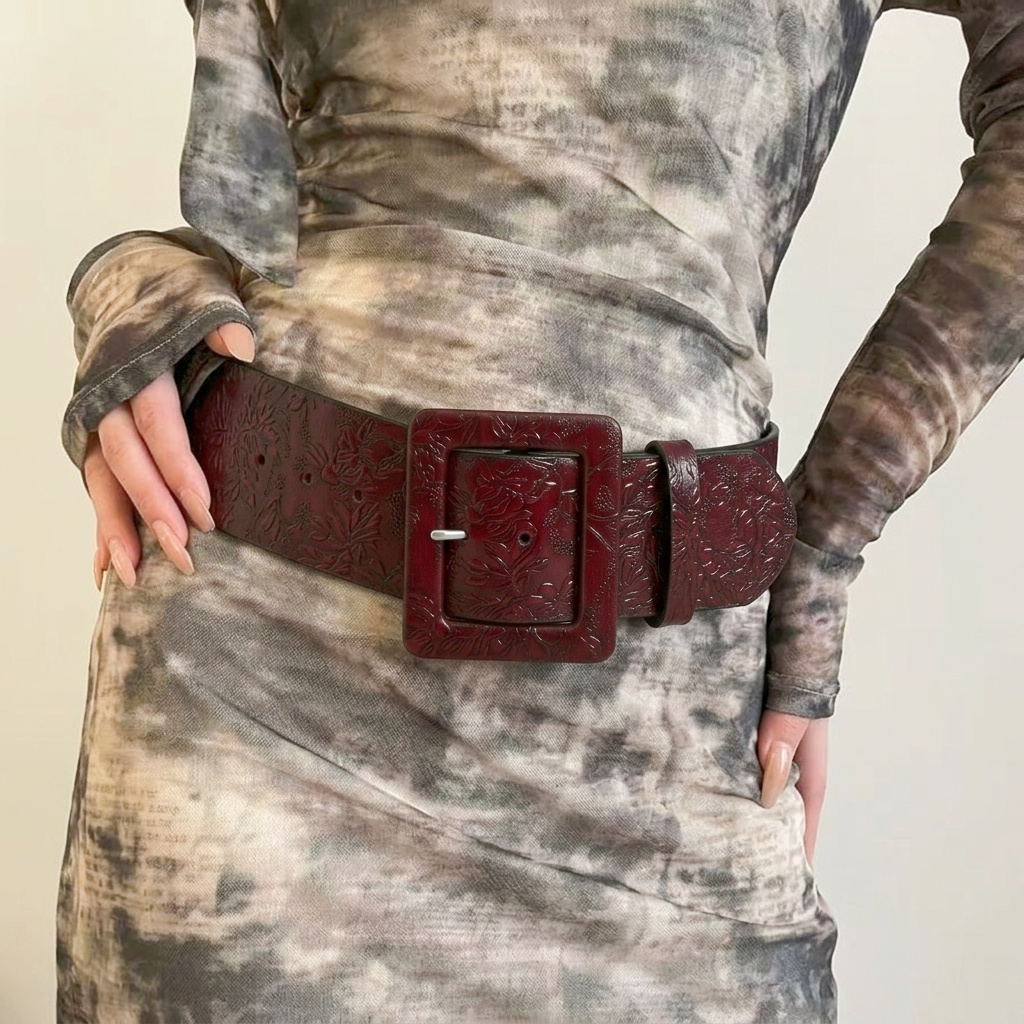 TEMU Vintage Leaf Wide Belt - Lace Suitable For Dresses & Jeans, Retro Belt For Casual Outfits, Parties, Casual Attire | Size Blush/career (dry )