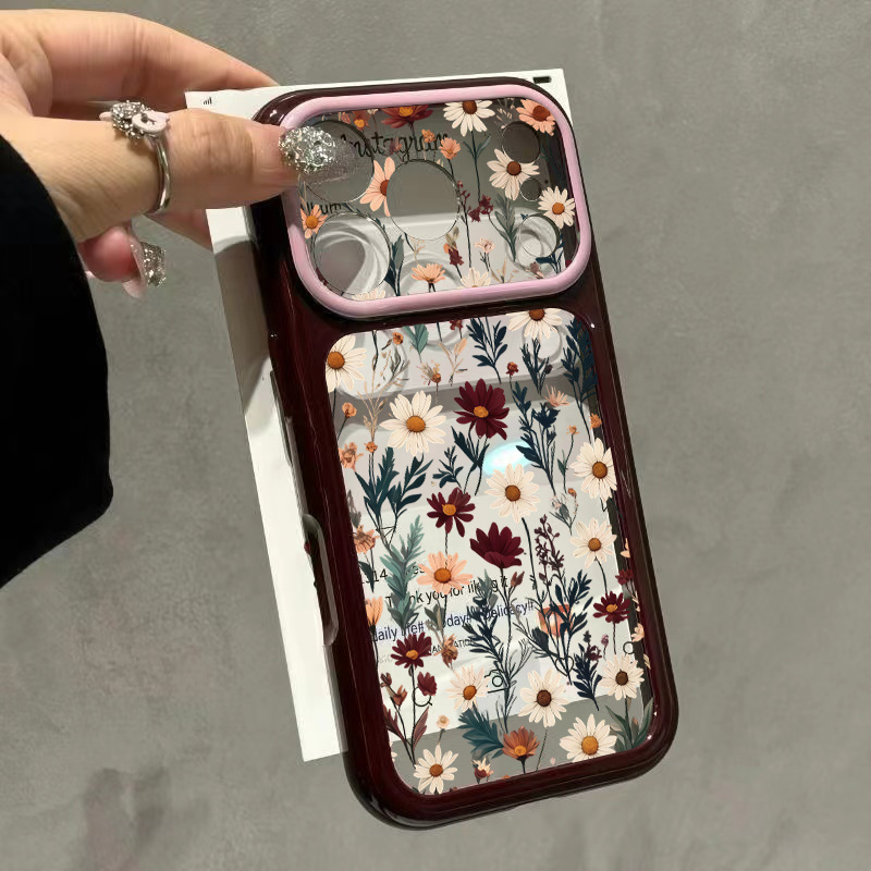 TEMU Phone Case: Floral Pattern Daisies Leaves Botanical Design Burgundy Wine Red Large Window Phone Case For Iphone 18 17 Pro 17 18 Pro Max Advanced