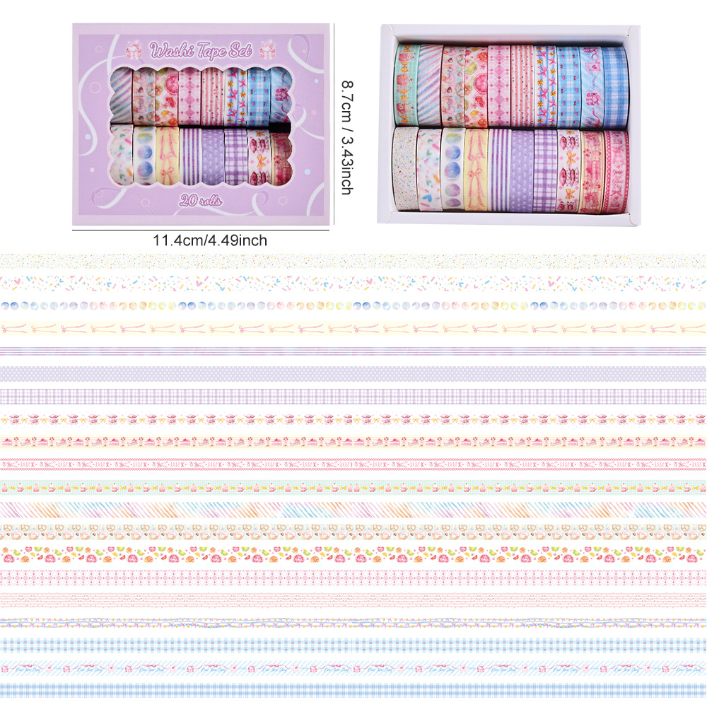 TEMU Lot de 20 rouleaux de ruban washi coloré, de masquage décoratifs pour cadeaux, mignonne, thèmes et dessert, accessoires de planificateur pour