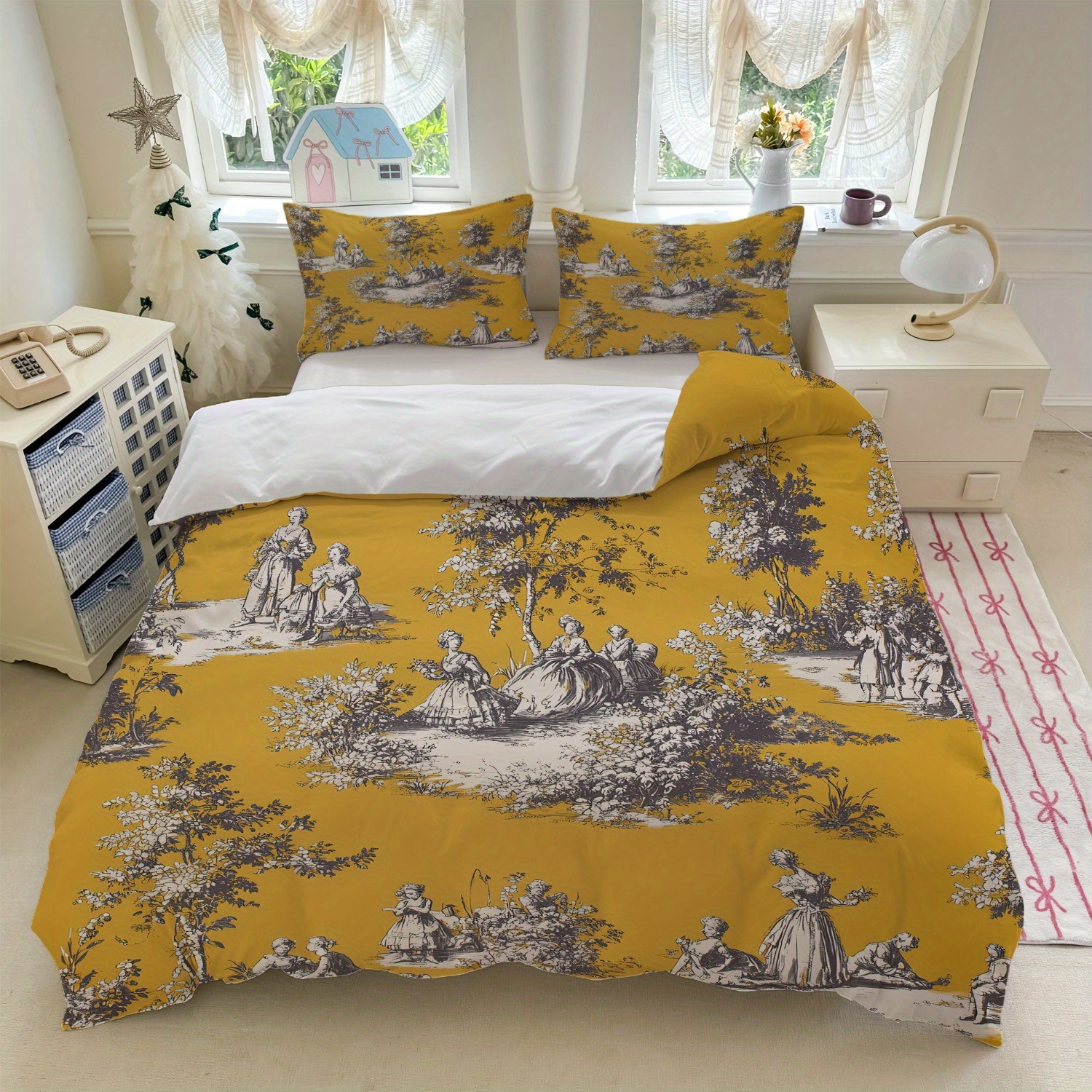 TEMU Ensemble de literie 3 pièces jaune motif toile de vintage (comprenant 1 housse de couette et 2 taies d'oreiller, garniture non incluse) pour