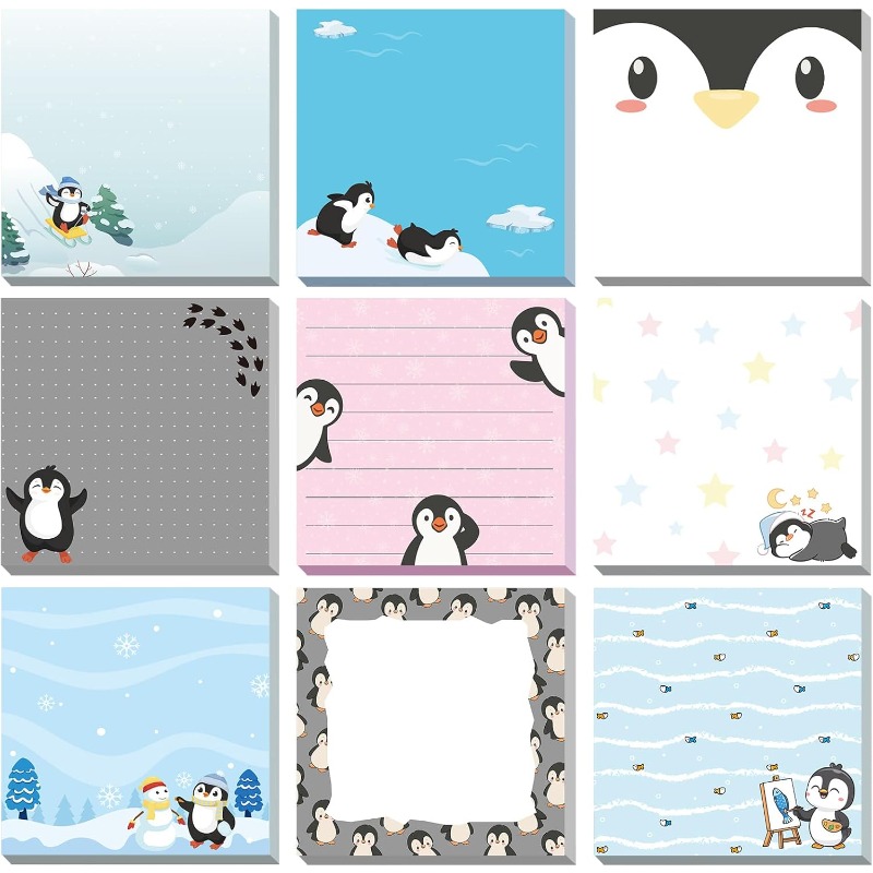 Image of 9 Pads Penguin Sticky Notes 3x3 Inch Cute Self Stick Notepads Notes Adhesive Memo Pad Office Decor Gifts For Students School Teacher Meeting Office Supplies