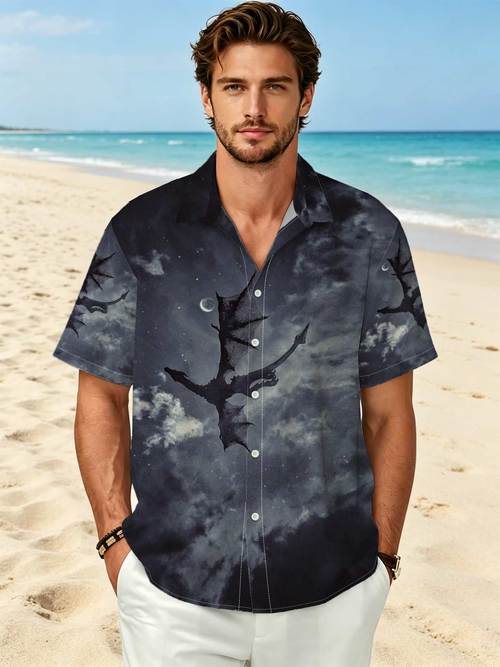 2026 new art print shirt mens dark style night print shirts vintage gothic loose casual tops autumn winter personality cool niche shirts european