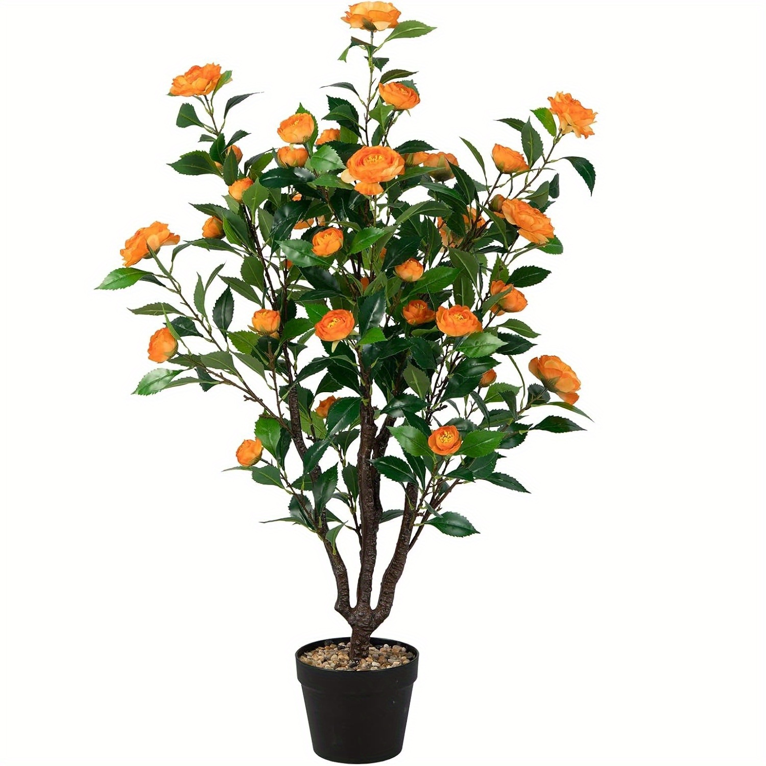 Image of 3.3 Ft Artificial Camellia Tree, Blooming Camellia Plant W/ 37 Yellow Flowers, Natural Trunk