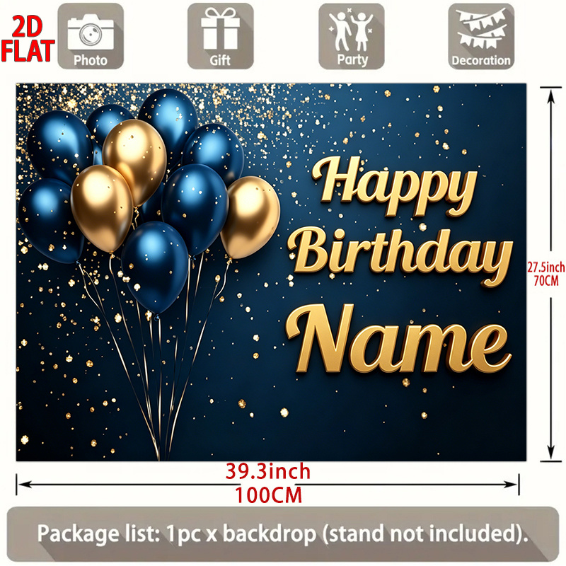 TEMU 2d Flat, 2d Flat - 2d Flat Banners, 1pc Customized Blue And Golden Balloons Happy Birthday Name Background Cloth Pattern Banner, Multifunctional