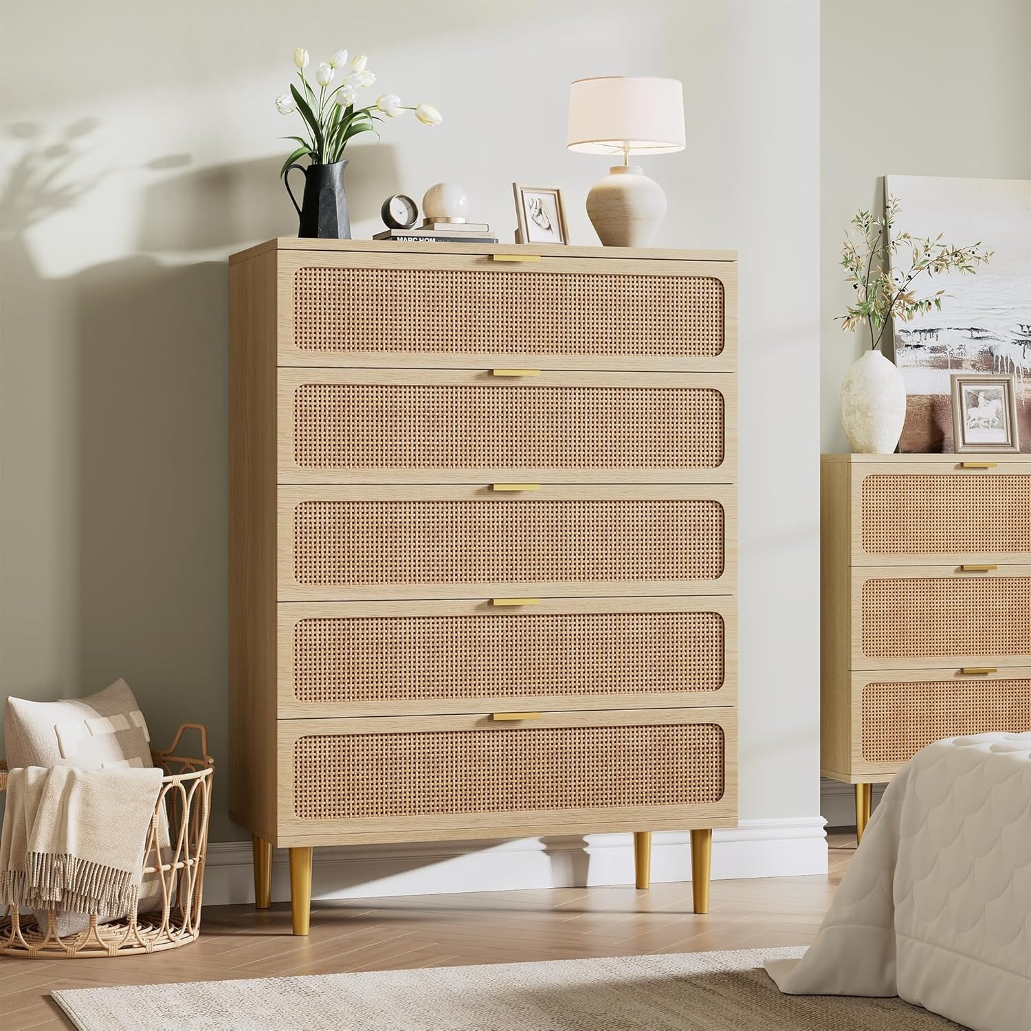 rattan 5 drawer dressers for bedroom tall dresser with deep drawers large chest of drawers for closet with   long wooden dresser for living room hallway kids room natural