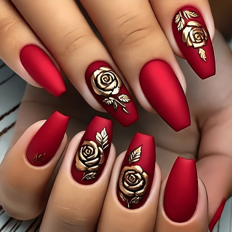 TEMU 48pcs Ballet-shaped Press- Nails With Matte Red Base & 3d - Luxury Fake Nails Suitable For Weddings, , Parties - Women's Elegant For (machine-)