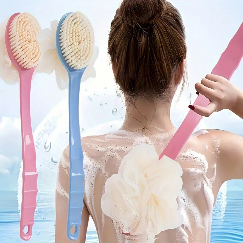 1 in 1 dual head back scrubber shower brush with soft towel long handle plastic bath brush for exfoliating back legs bristles ergonomic grip no battery needed bathroom essentials body cleaning accessory dualheaded design durable scrubbing tool sturdy construction skincare routine Product details 1