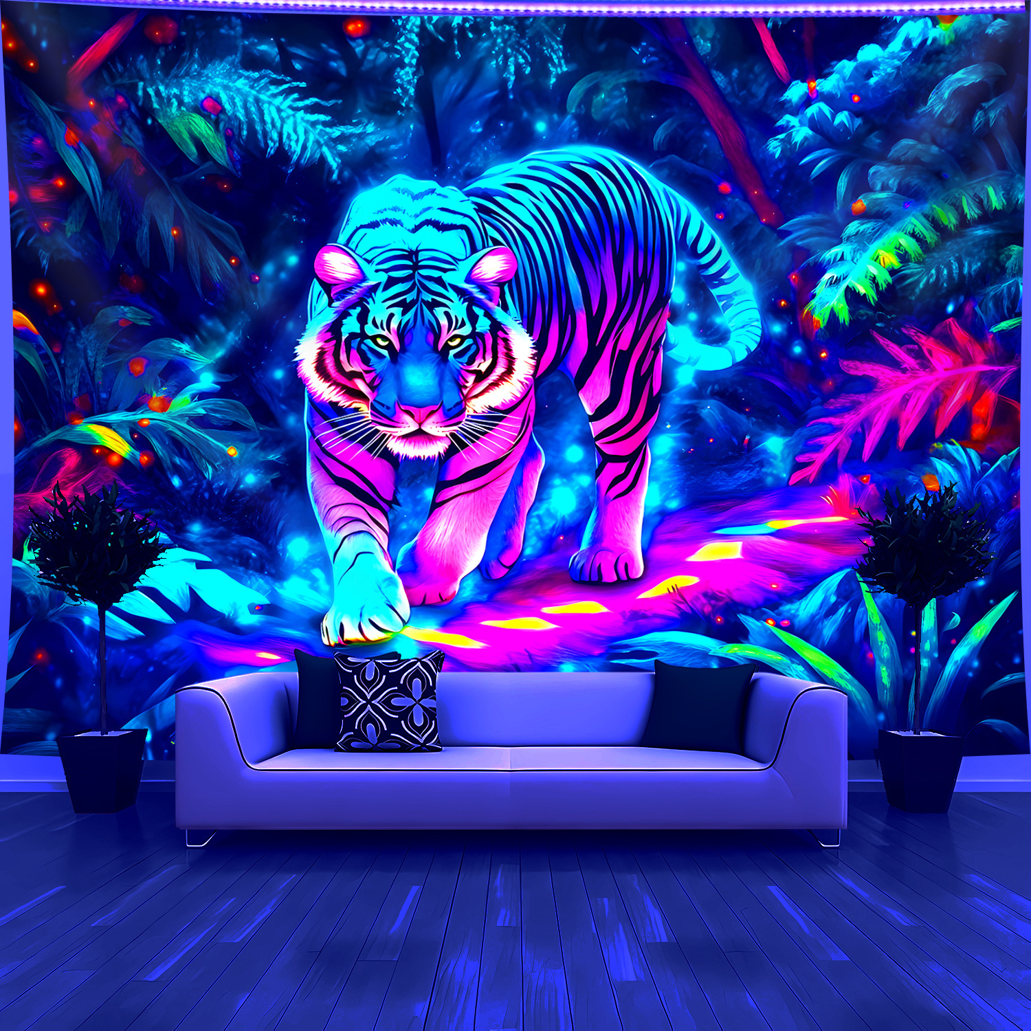 TEMU 1pc Jungle Tiger- Glow In The Uv Light Banner Tapestry, Large Size Fluorescent Printing Tapestry, Bedroom Hanging Tapestry For Party Festival,