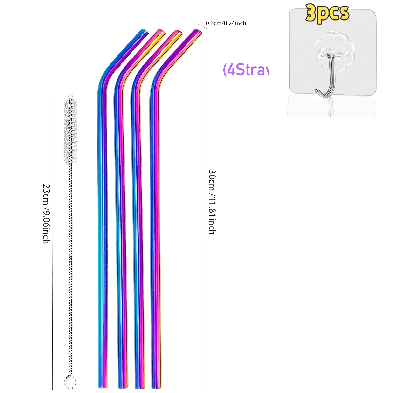TEMU 5pcs Colorful Long 304 Stainless Steel Straws With Cleaning Brush, Ounce Tumblers And Tall Cups, Reusable Straw Additions For Smoothies, , And
