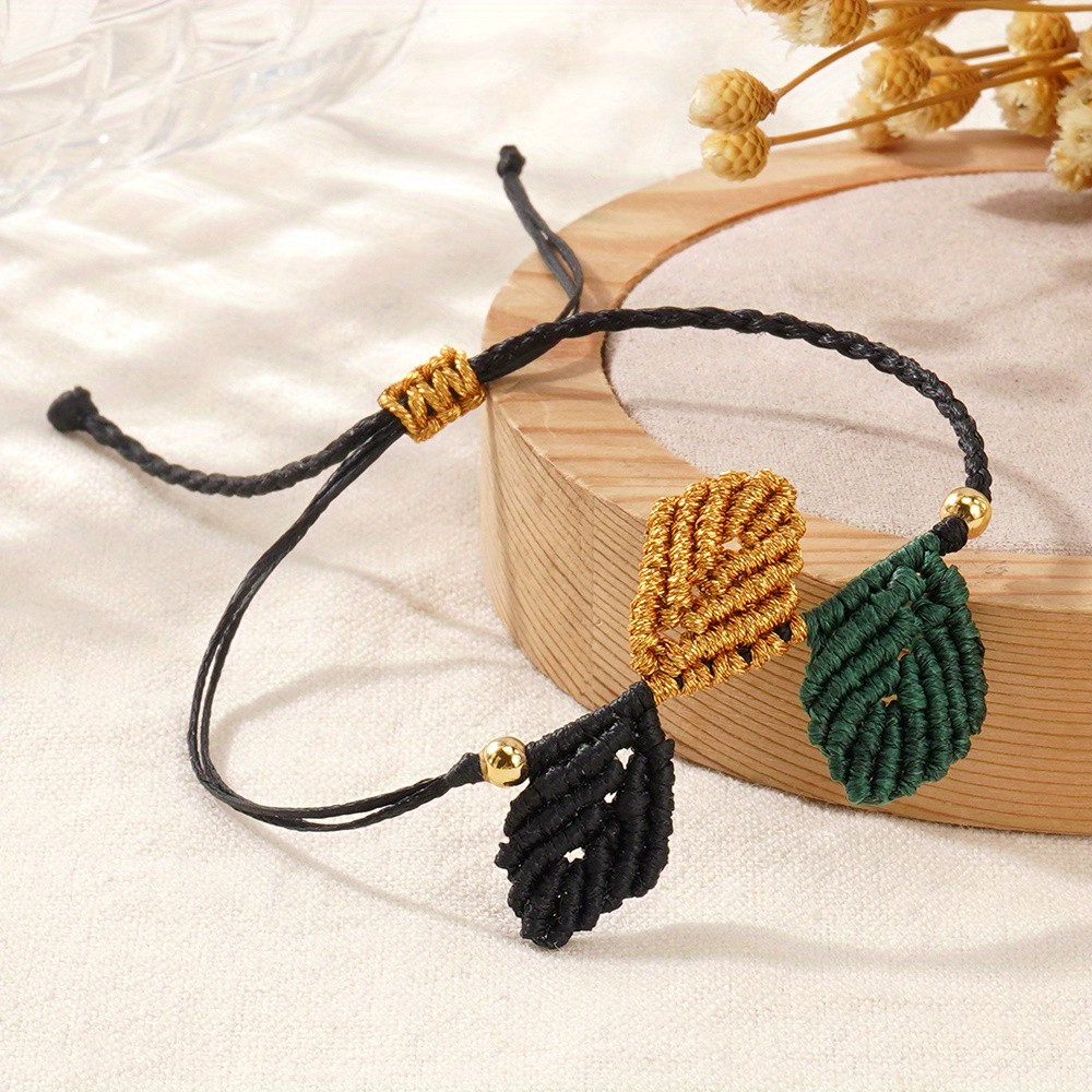 Women's Leaf Weave Rope Bracelet Three Colored Leaf Adjustable Knot